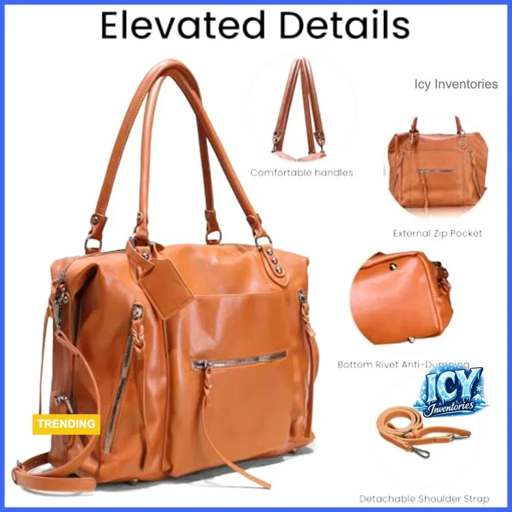 Large Vegan Leather Tote Bag with Zipper and Adjustable Strap